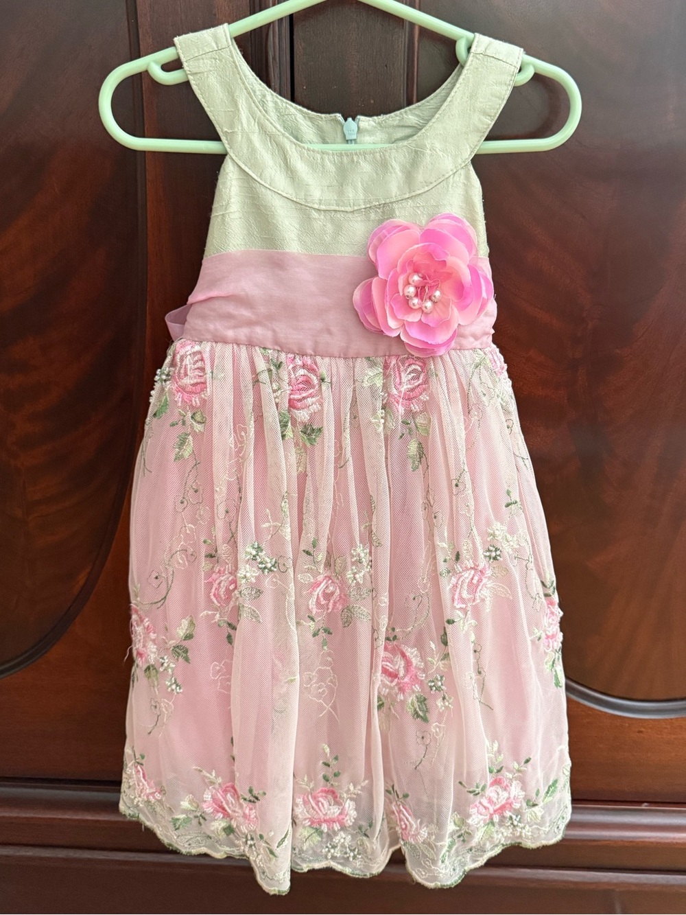 Le Pink Floral Appliqué Dress with Green Bodice